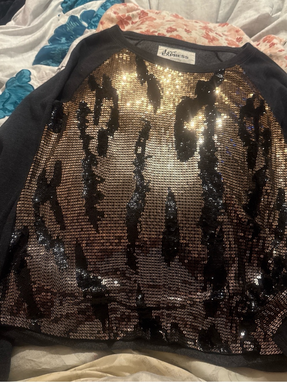 Express Women's Black & Gold Sequin Raglan Sweatshirt